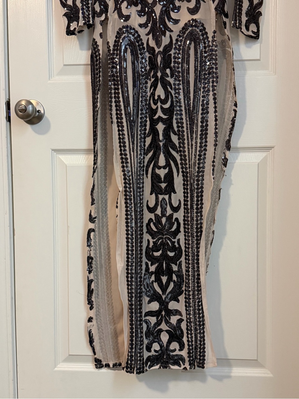 a'gaci Black and Cream Deep V Sequin Embellished Split Maxi Dress - Picture 6 of 13